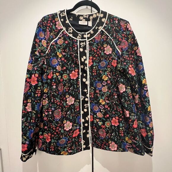 LOGO Lavish by Lori Goldstein Mixed Floral Print Woven Jacket with Picot Trim - - Picture 1 of 7